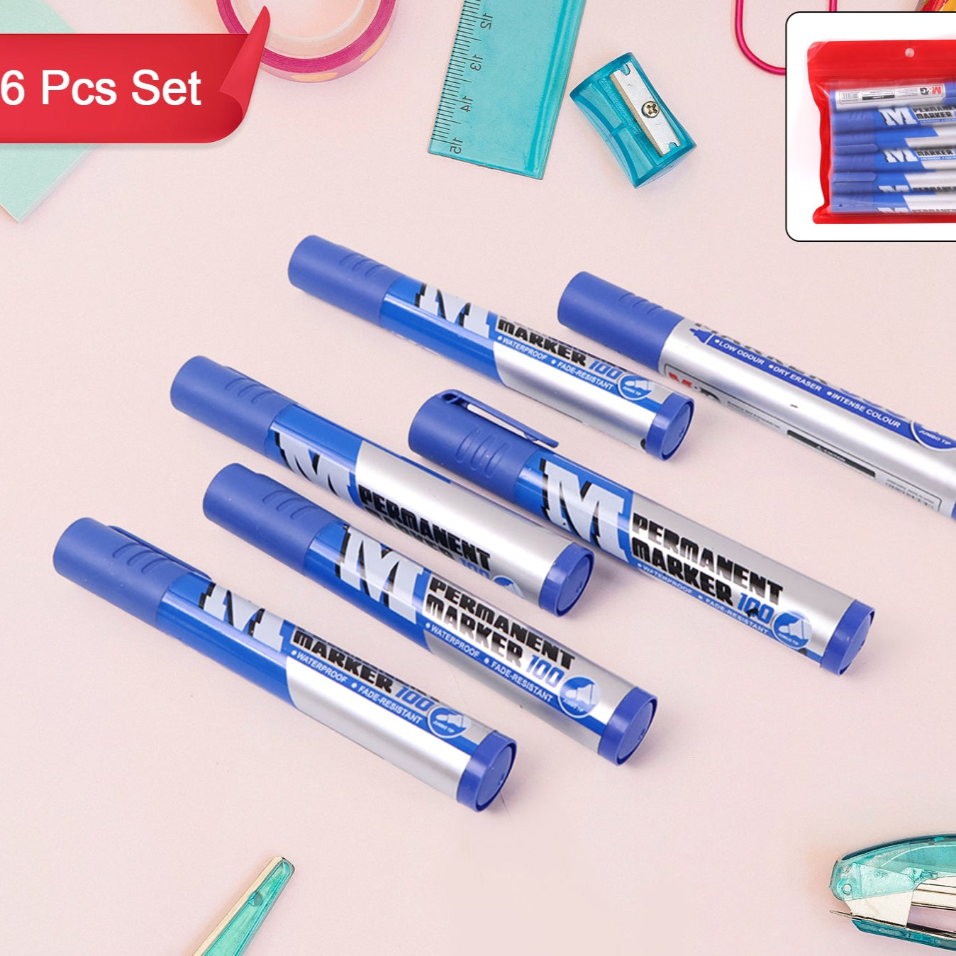 Premium Permanent Blue Marker Pen Set (6 Pcs Set) - Happy Price - Image 1