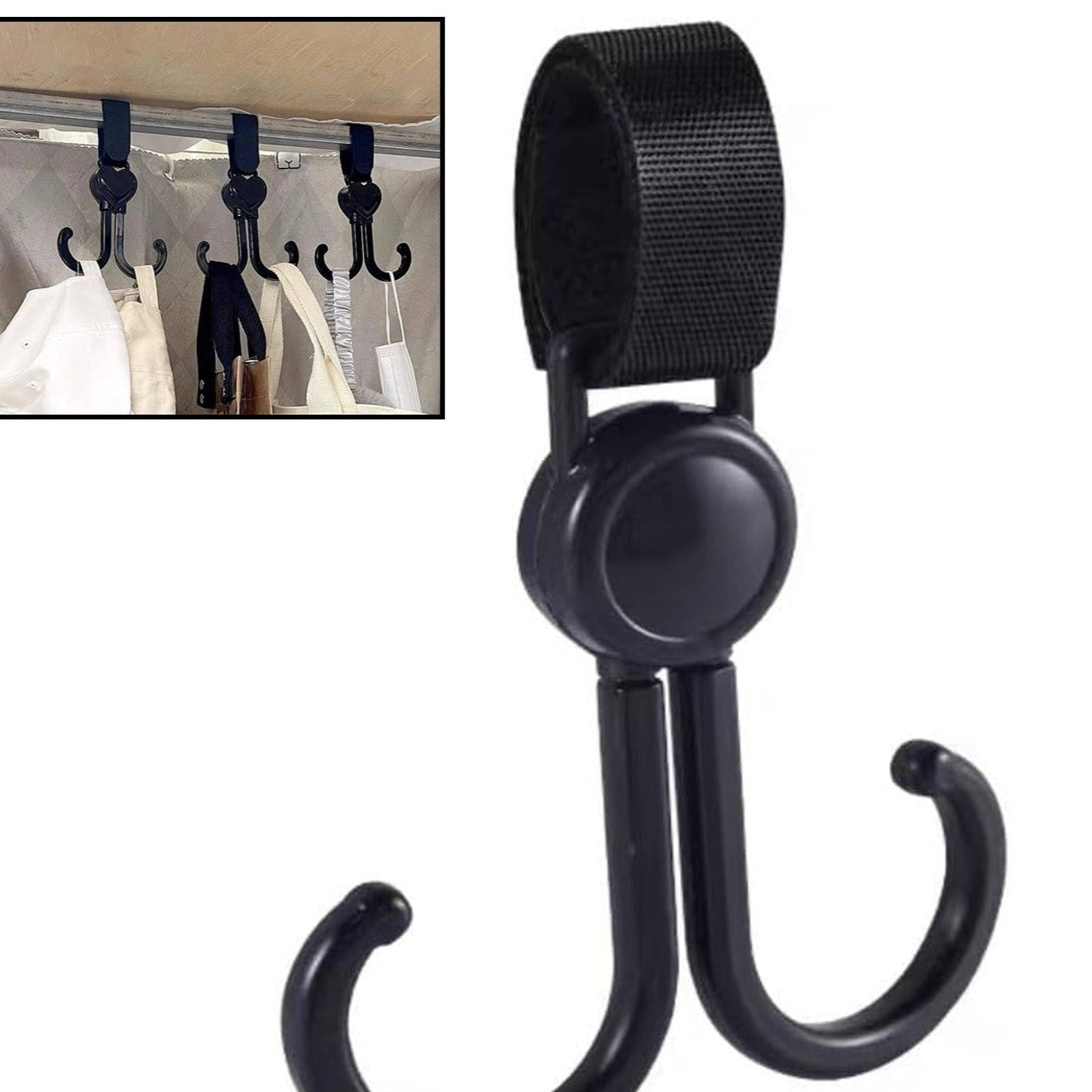 Multi-purpose Strong Pushchair Hook Clip Baby Carriage Hook 360degree Rotating Black Stroller Clip For Hanging Bag Baby Carriage Hook For Cars Wheelchairs Walking Aids Bicycles Shopping Trolley Bicycles (1 Pc) - Happy Price - Image 1