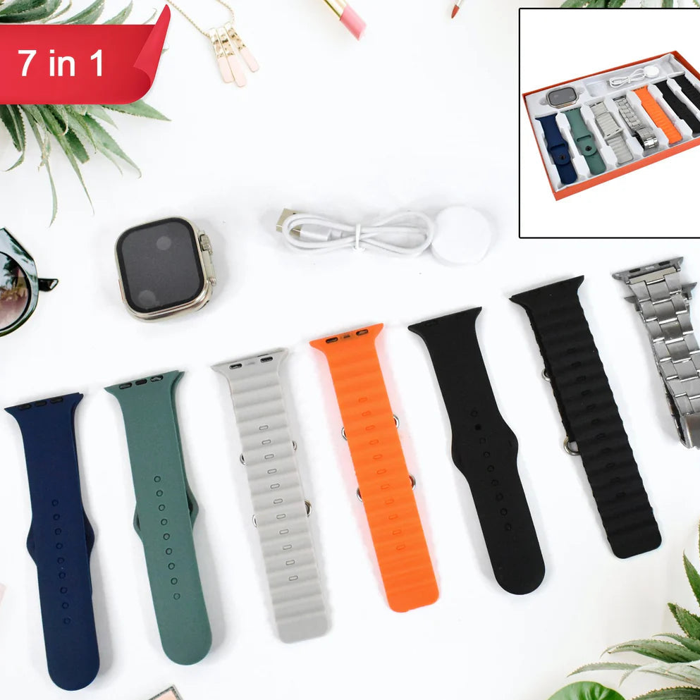 7 In 1 Ultra Smart Watch Combo With Seven Classic Straps Transparent Screen Guard (1 Set Mix Color) - Happy Price - Image 1