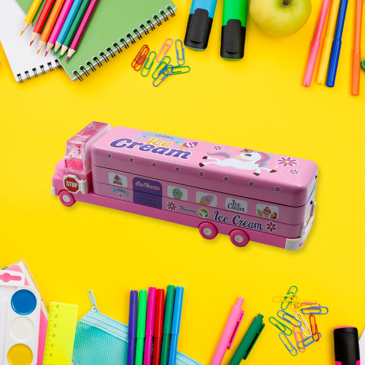 Double Decker Magic Ice Cream Truck Compass Multi Level Metal Truck Compass Pencil Case With Movable Wheels  Sharpener - Happy Price - Image 2