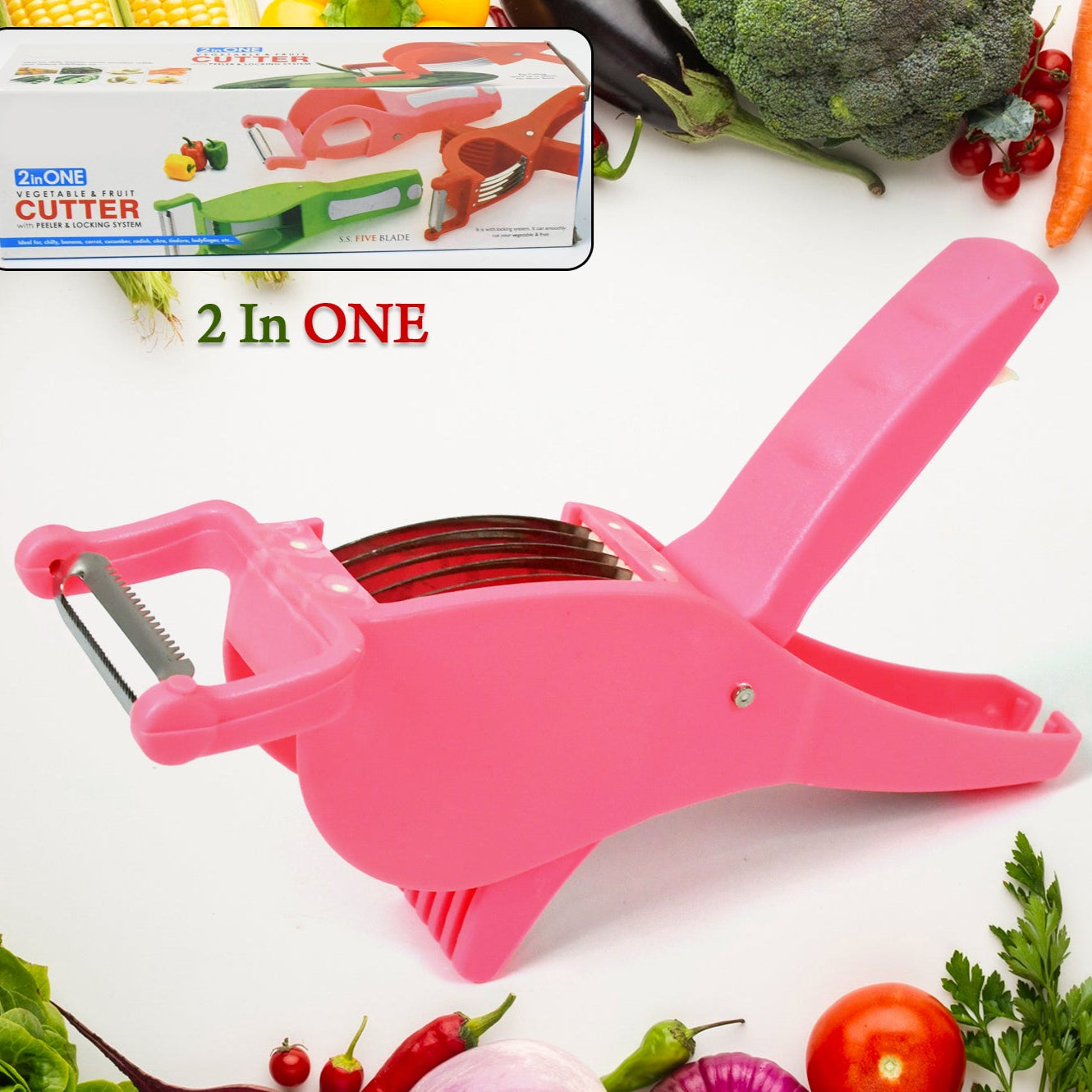 Plastic 2 In 1 Vegetable  Fruit Multi Cutter 5 Blade Vegetable Cutter With Peeler (1 Pc  Multicolor) - Happy Price - Image 1