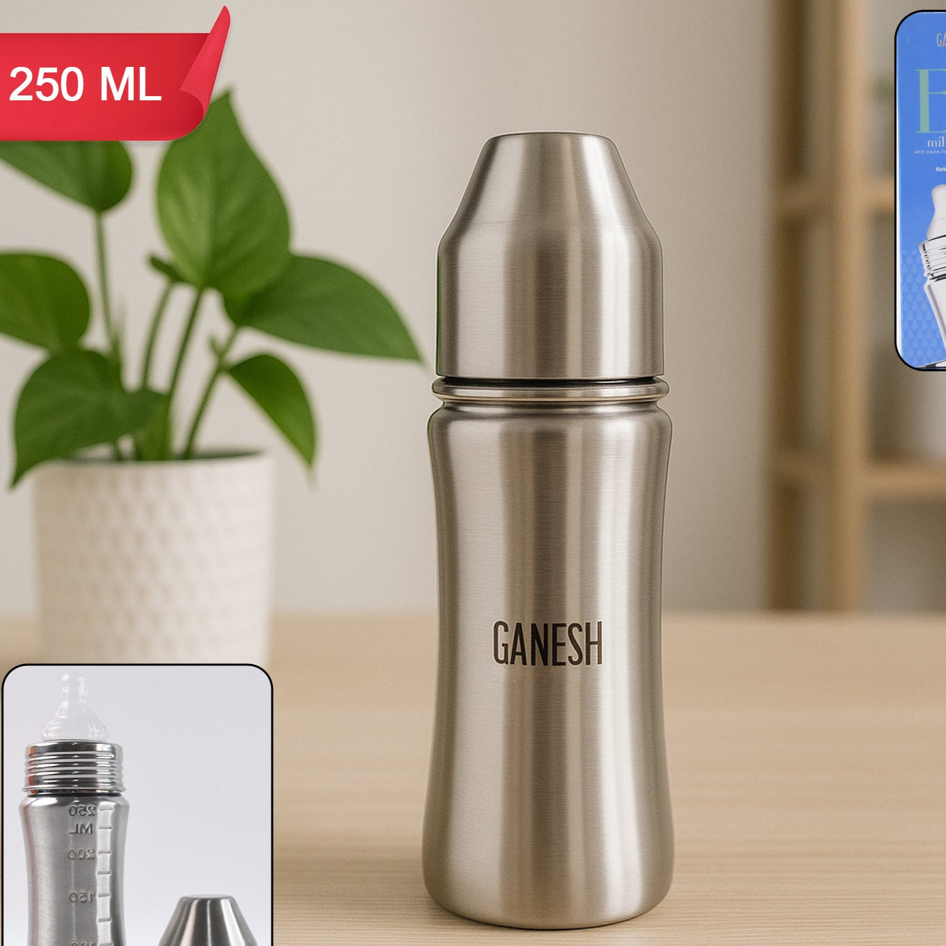 Ganesh Stainless Steel Baby Feeding Bottle Milk Bottle For New Born  Infants  Toddler Up To 3 Years Bfa Free (250 Ml Approx) - Happy Price - Image 1