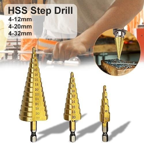 3x Large Hss Steel Step Cone Drill Titanium Bit Set Hole Cutter (4-32 4-20 4-12mm) - Happy Price - Image 1