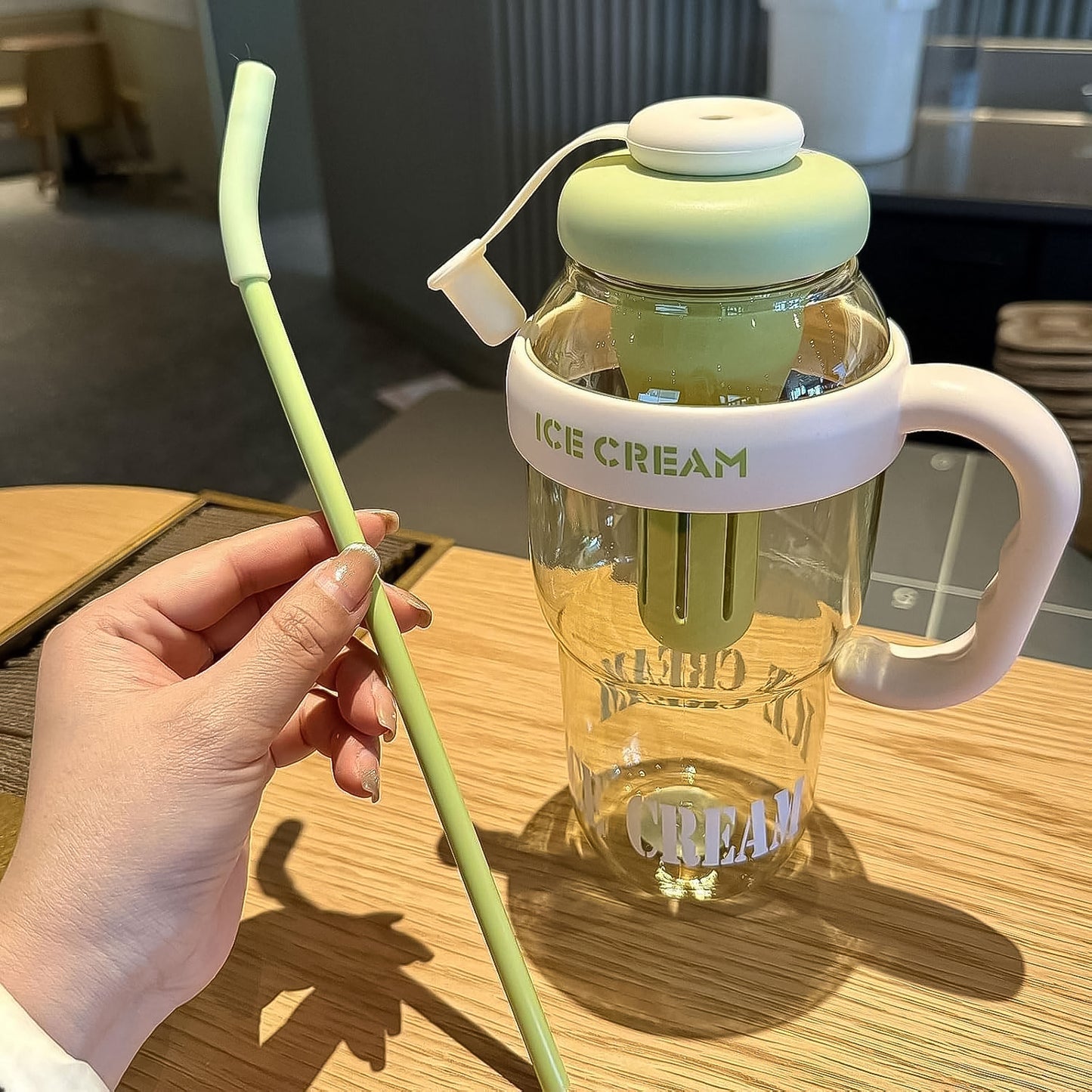 Approx 1300ml Large Capacity Cute Ice Cream Themed Water Bottle With Handle Straw  Fruit Infuser  Leakproof Sipper For Kids  Adults - Happy Price - Image 4