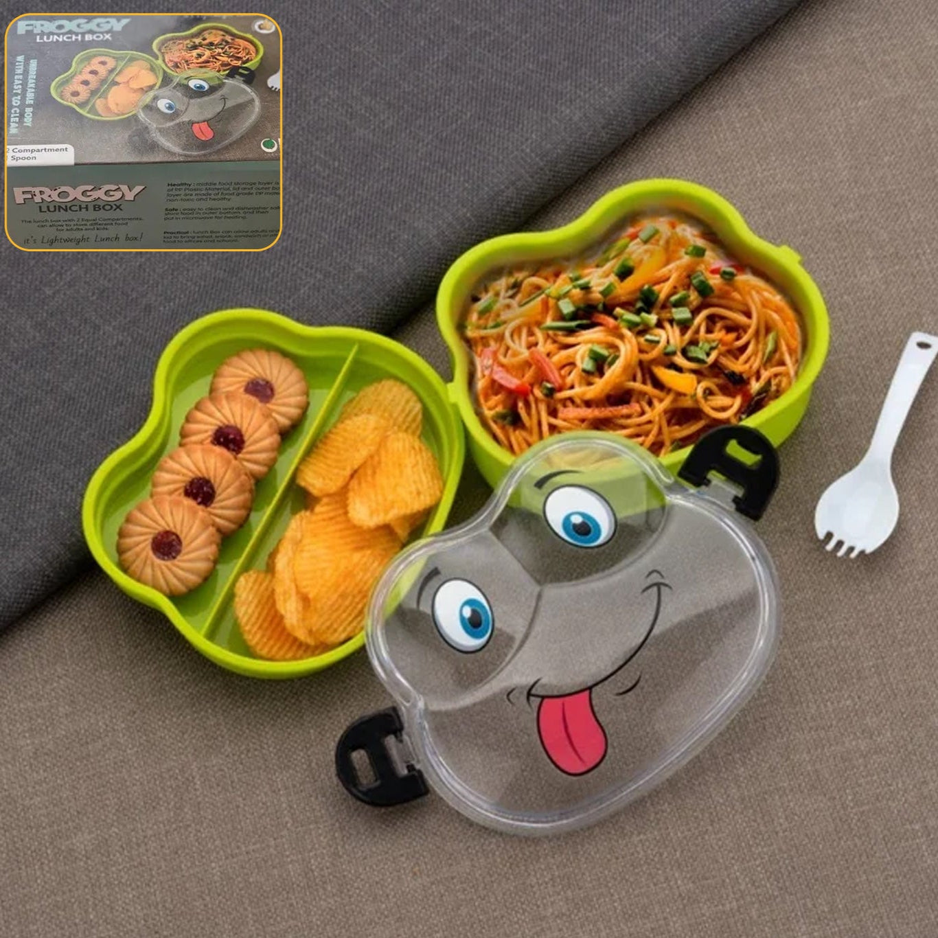 Double Layer Froggy Shape Lunch Box With Spoon (1 Pc  Mix Color) - Happy Price - Image 1