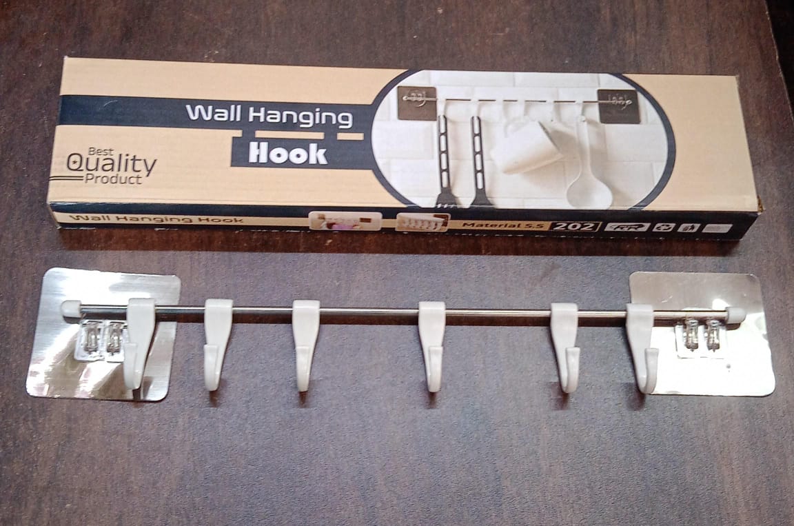 Stainless Steel Utensil Hanger Rail Nail Free Wall Mount With 2 Magic Stickers  6 Plastic Hooks For Kitchen - Happy Price - Image 7