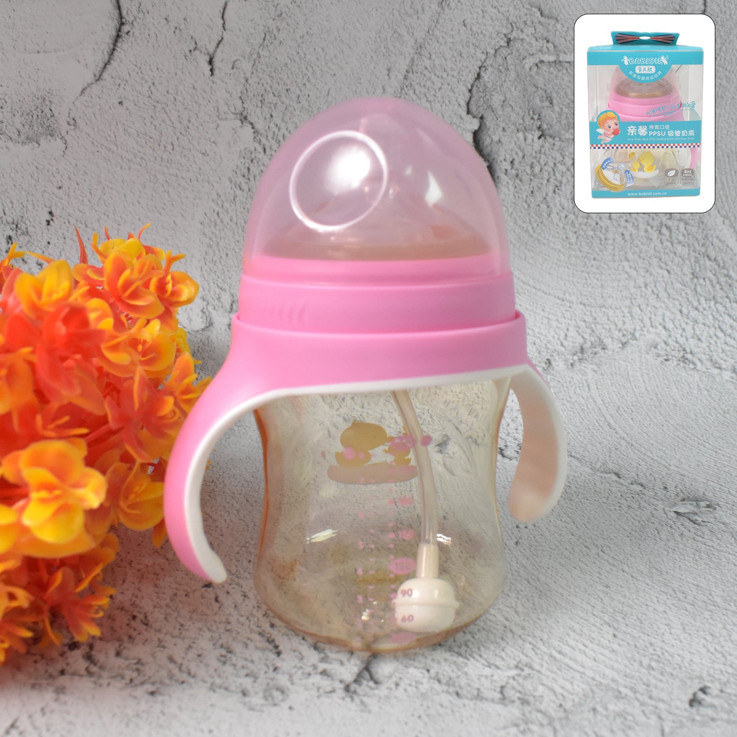 Plastic Baby Feeding Bottle With Handles Cleaning Brush  Straw (240 Ml  1 Pc) - Happy Price - Image 2