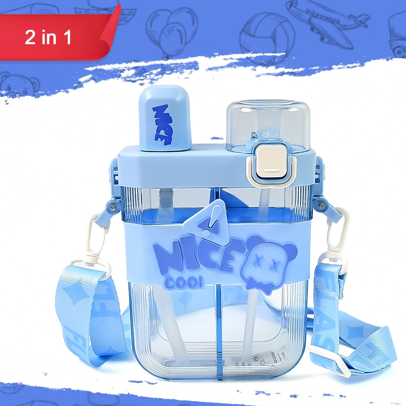 2in1 Dual Compartment Water Bottle With Straw And Adjustable Shoulder Straps (1 Pc  Multi Color) - Happy Price - Image 1