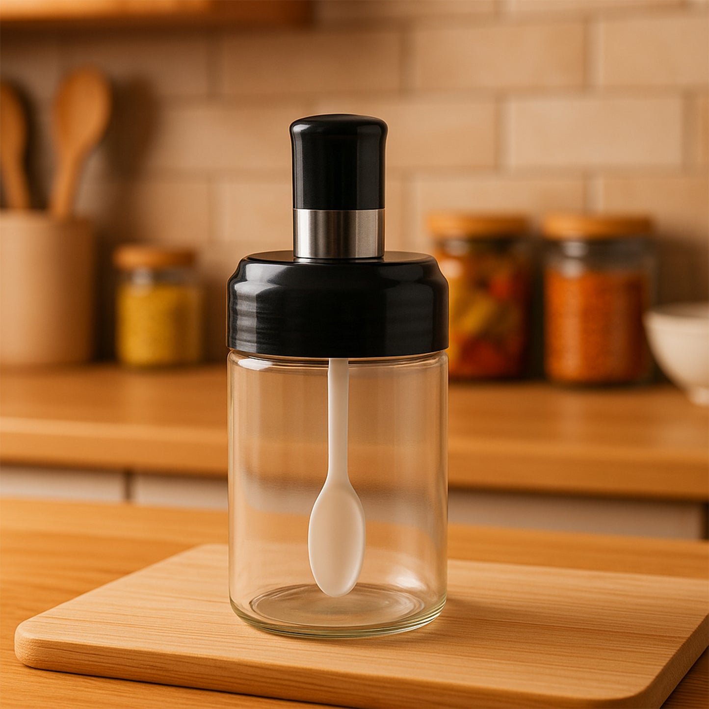 Clear Glass Spice Jar With Integrated Spoon  Airtight Lid (250ml Approx) - Happy Price - Image 6