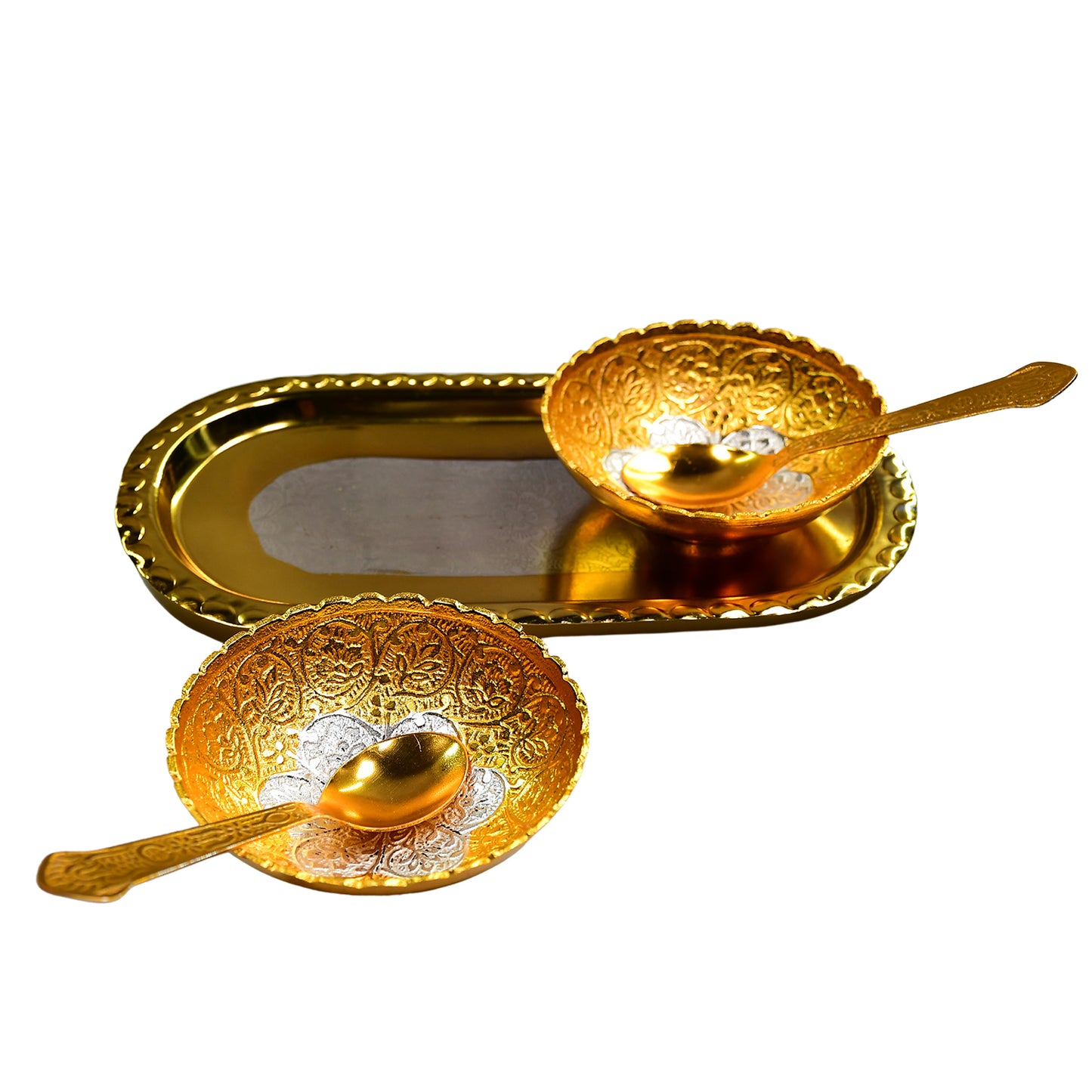 Gold Silver Plated 2 Bowl 2 Spoon Tray Set Brass With Red Velvet Gift Box Serving Dry Fruits Desserts Gift - Happy Price - Image 6