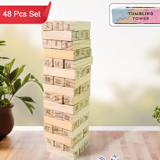 Wooden Tumbling Stacking Tower Game (48 Pcs Blocks 2 Dices) - Happy Price - Image 1