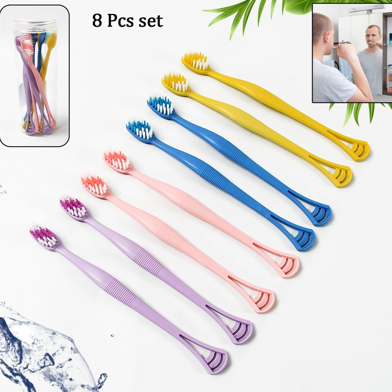 2-in-1 Tooth Brush With Tongue Scraper Soft Bristle  Long Handle (8pcs) Soft Toothbrush - Happy Price - Image 2