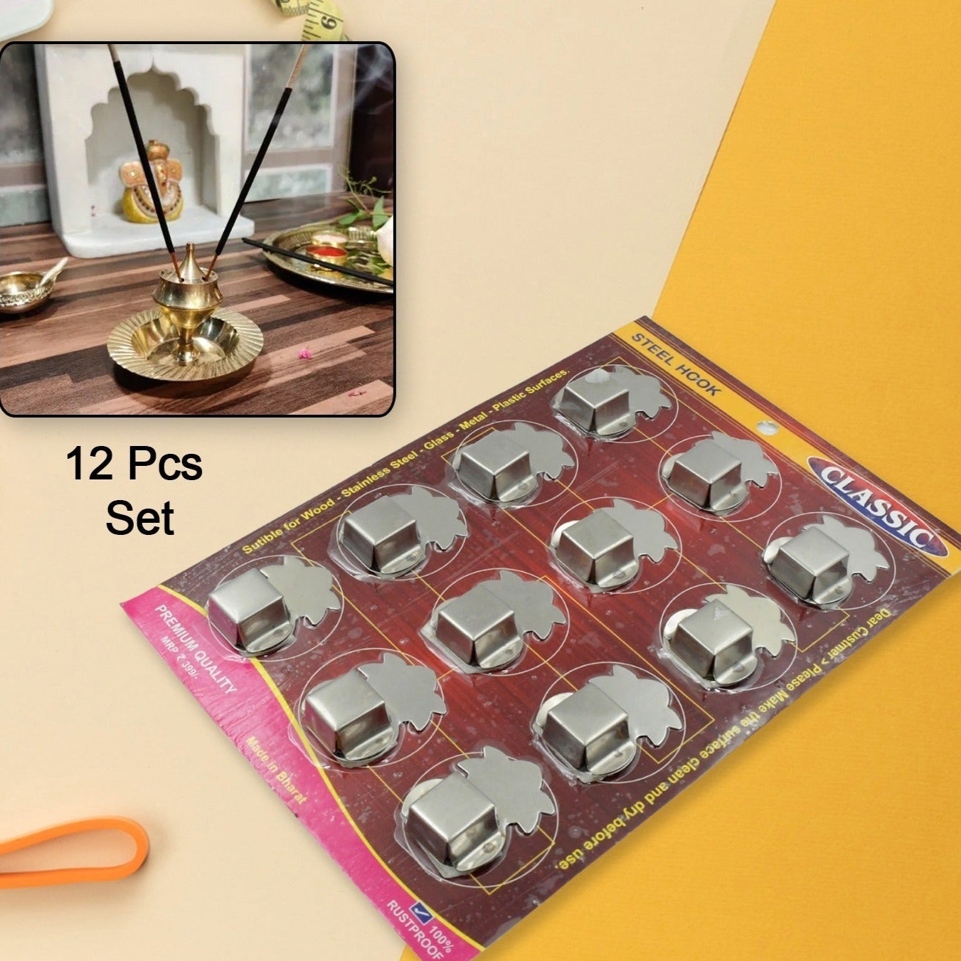 Stainless Steel Agarbatti Stand Agarbatti Holder Stand Self Adhesive Wall Mounted Stand Wall Hook Capacity To Hold 3 Agarbatti - Pack Of 12 Hooks - Happy Price - Image 1