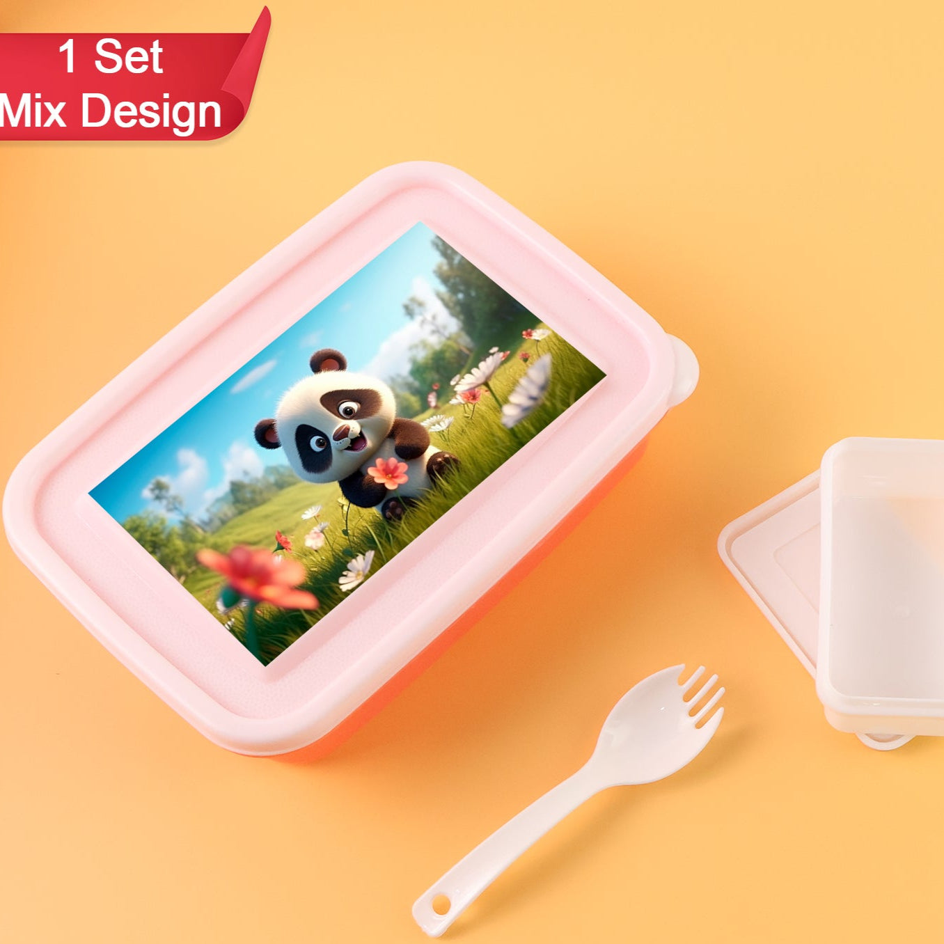 Kids Cartoon Printed Lunch Box Mix Design (1 Set) - Happy Price - Image 1