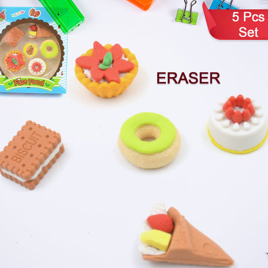 3d Fast Food Fancy  Stylish Colorful Erasers Mini Eraser Creative Cute Novelty Eraser For Children Different Designs Eraser Set For Return Gift Birthday Party School Prize Fast Food Set Eraser ( 5 Pc Set ) - Happy Price - Image 1