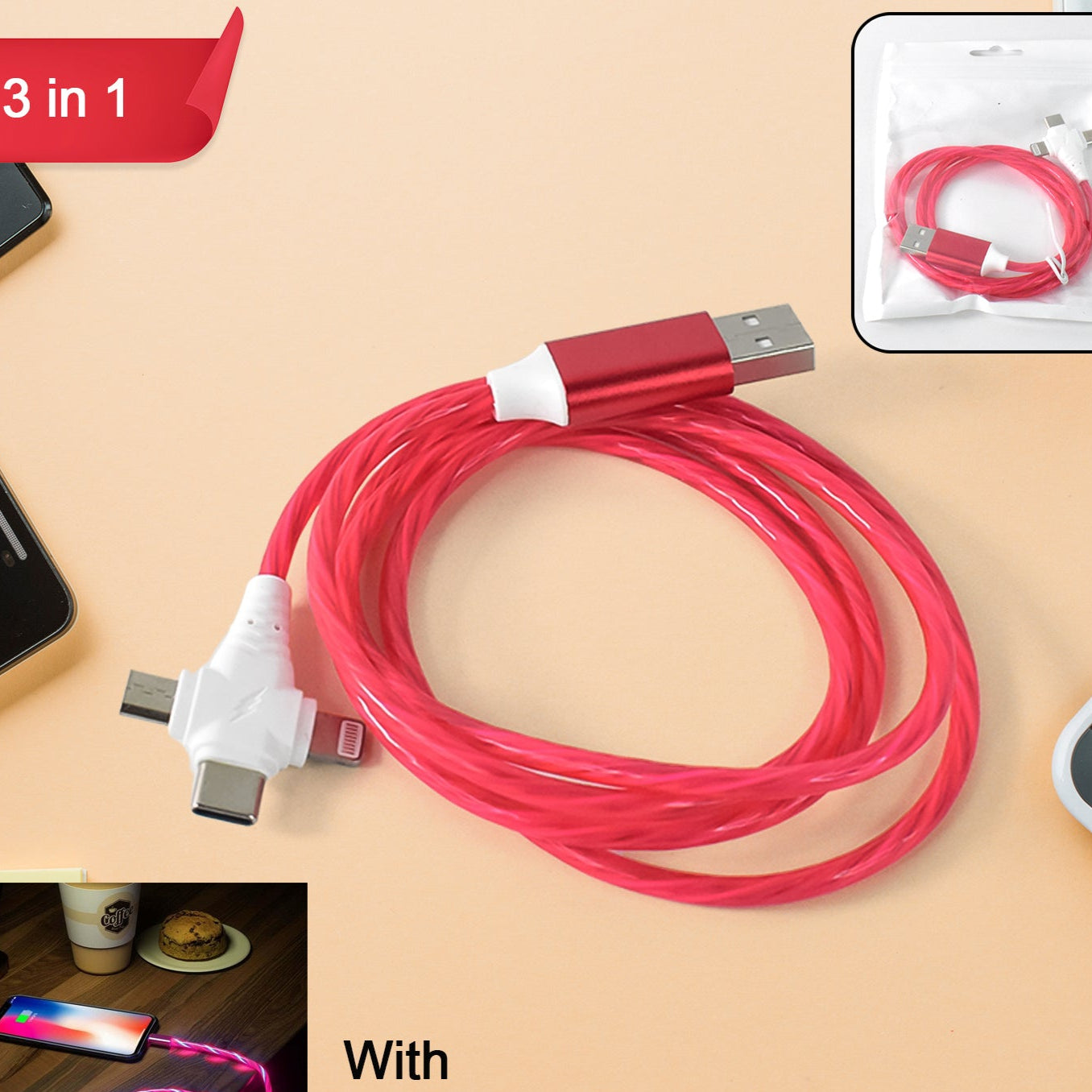 3 In 1 Charging Cable Light Up Fast Charger Lighting Cable - Happy Price - Image 1
