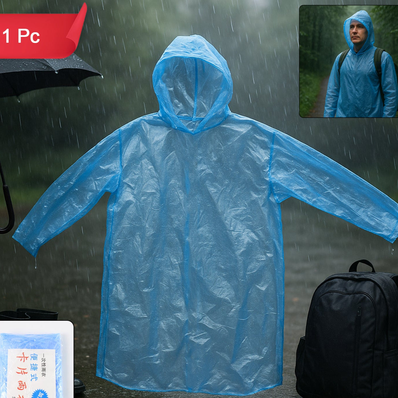 Ultra Lightweight Disposable Raincoat With Hood For Adults (1 Pc) - Happy Price - Image 1
