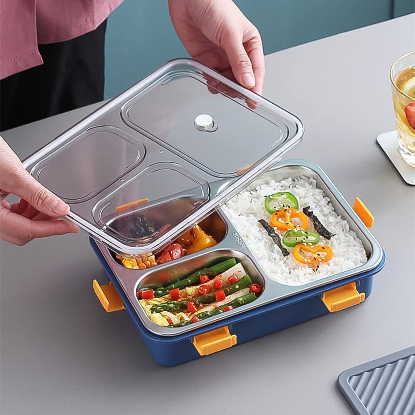3 Compartment Transparent Stainless Steel Lunch Box With A Spoon And A Pair Of Chopsticks (1 Set) - Happy Price - Image 5
