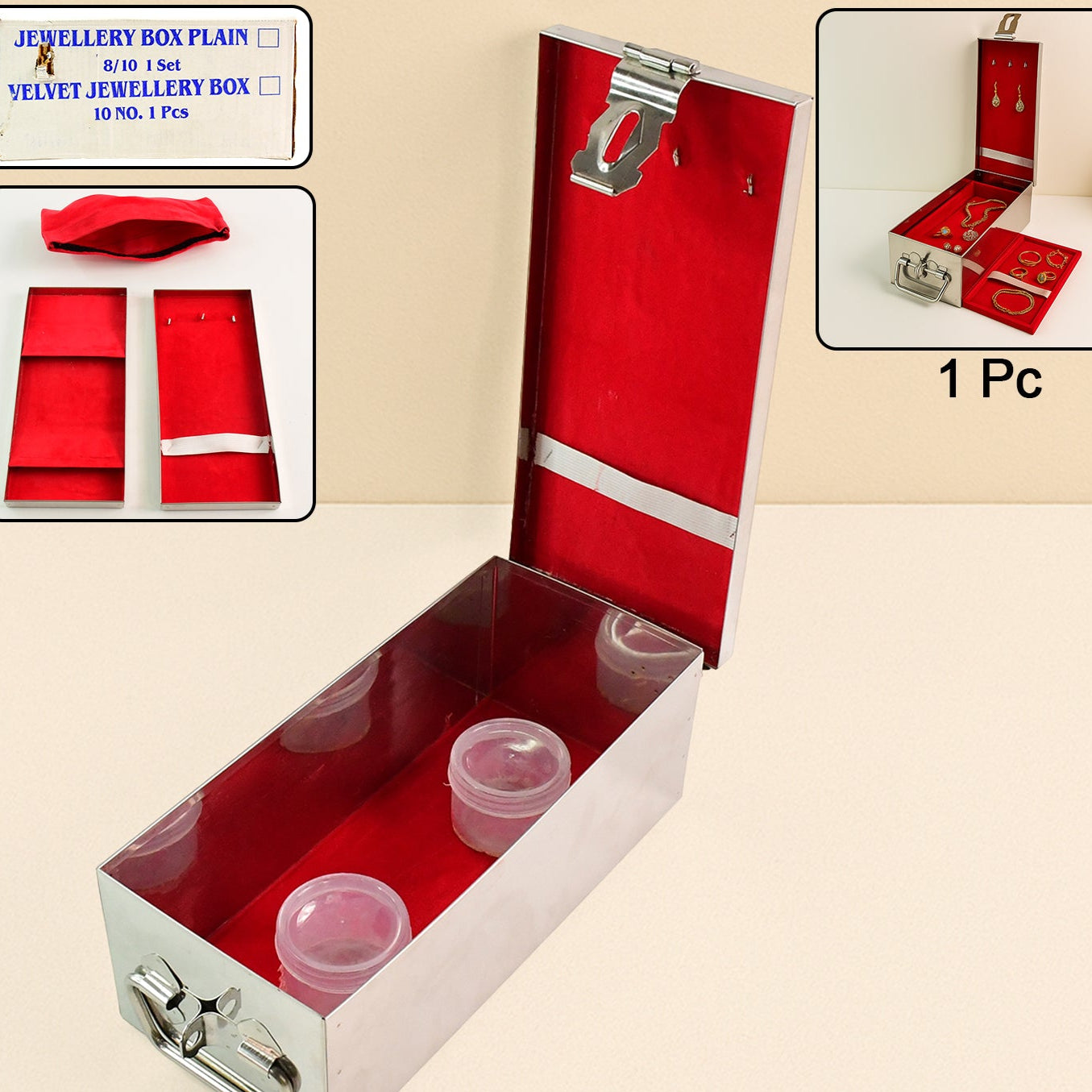 Premium Stainless Steel Velvet Lined Jewellery Storage Box With Lock And Red Interior - Happy Price - Image 1