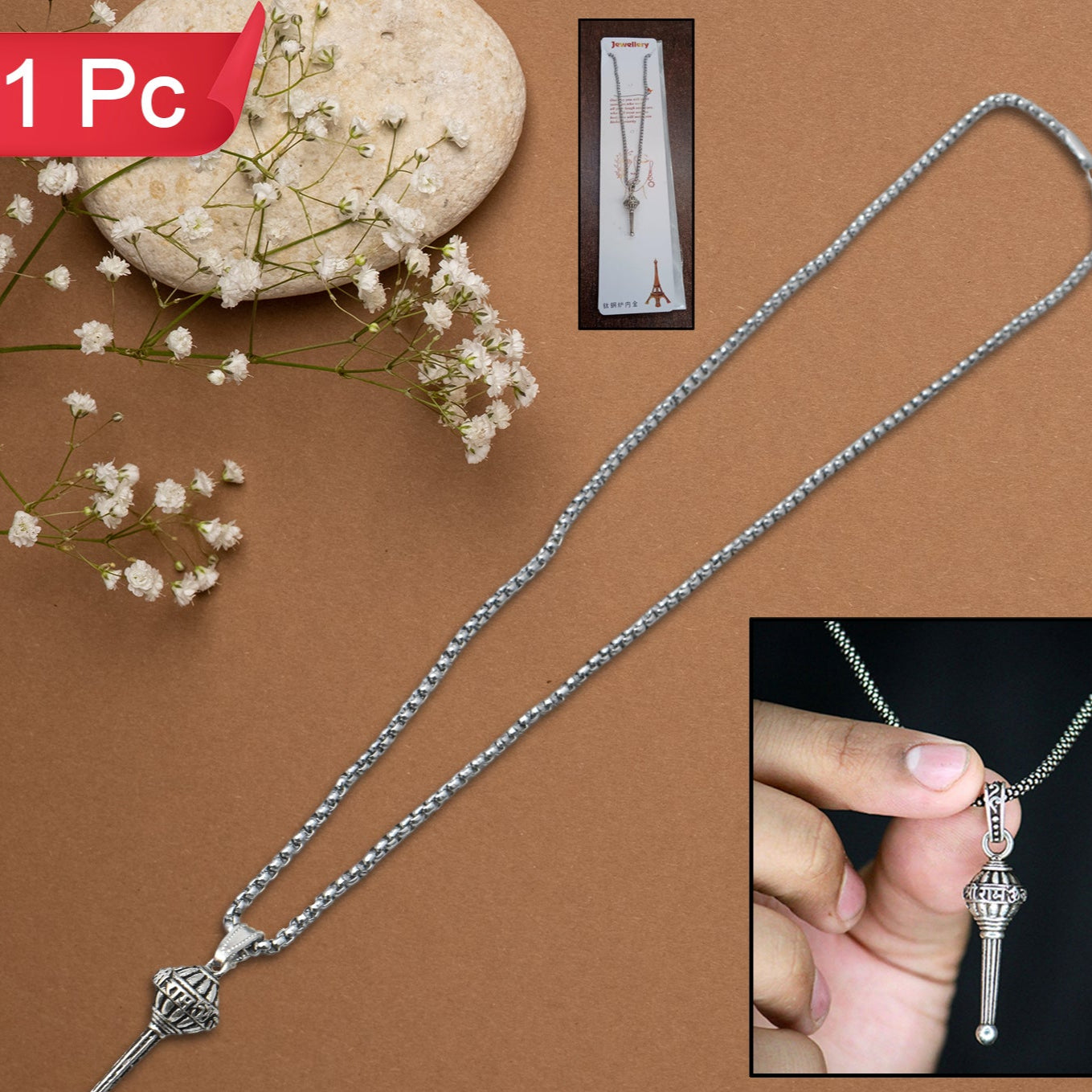 Silver Chain With Gada Pendant  Locket (1 Pc) - Happy Price - Image 1
