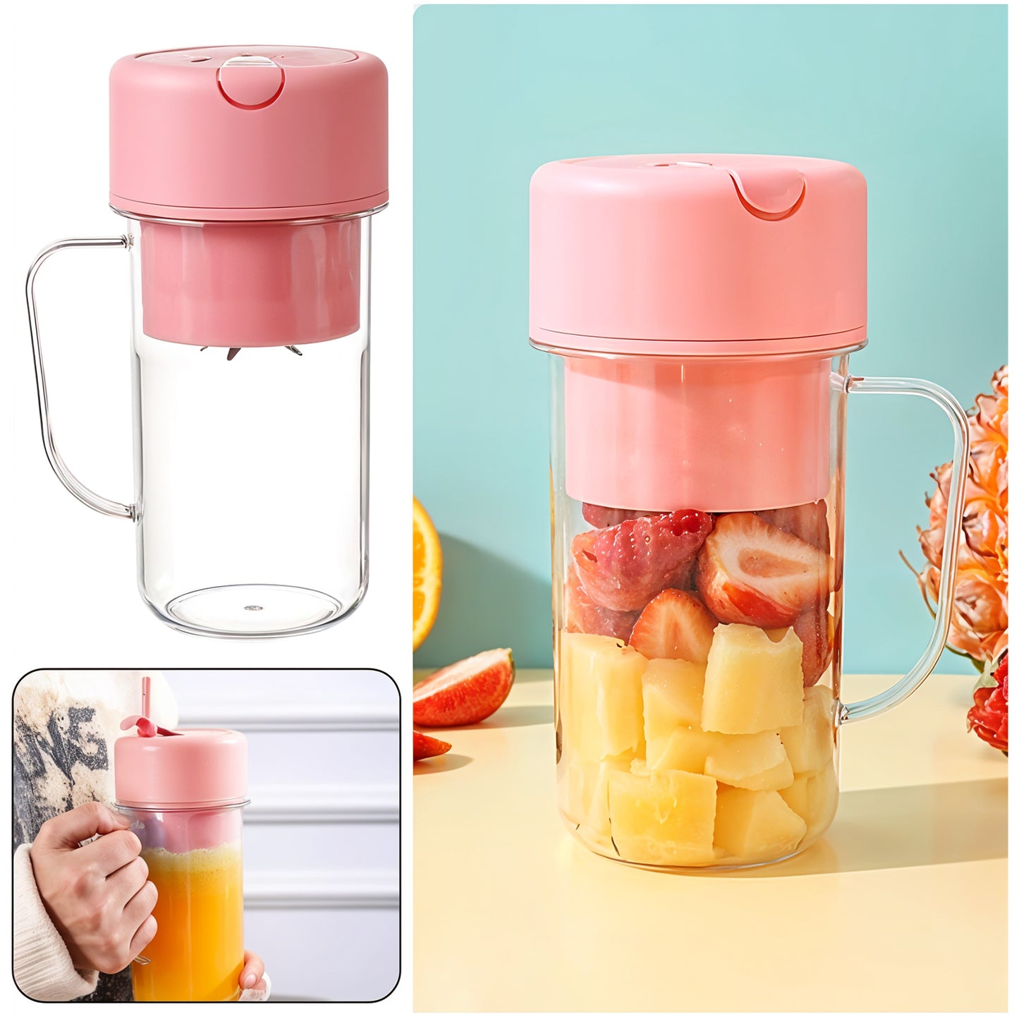 Portable Crusher Juicer With Handle  Straw Usb Rechargeable 6 Blades (420 Ml) - Happy Price - Image 3