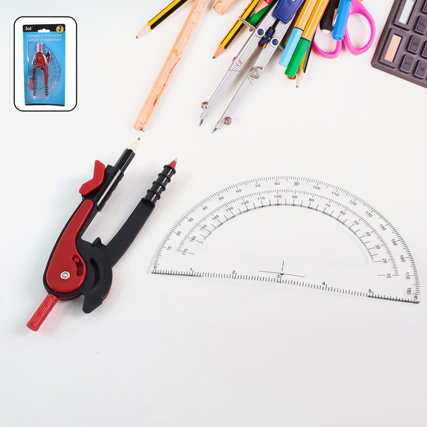 2 Pc Geometry Set  Built-in Pencil Grip + Transparent Plastic Protractor  School Geometry Tools Kit - Happy Price - Image 2