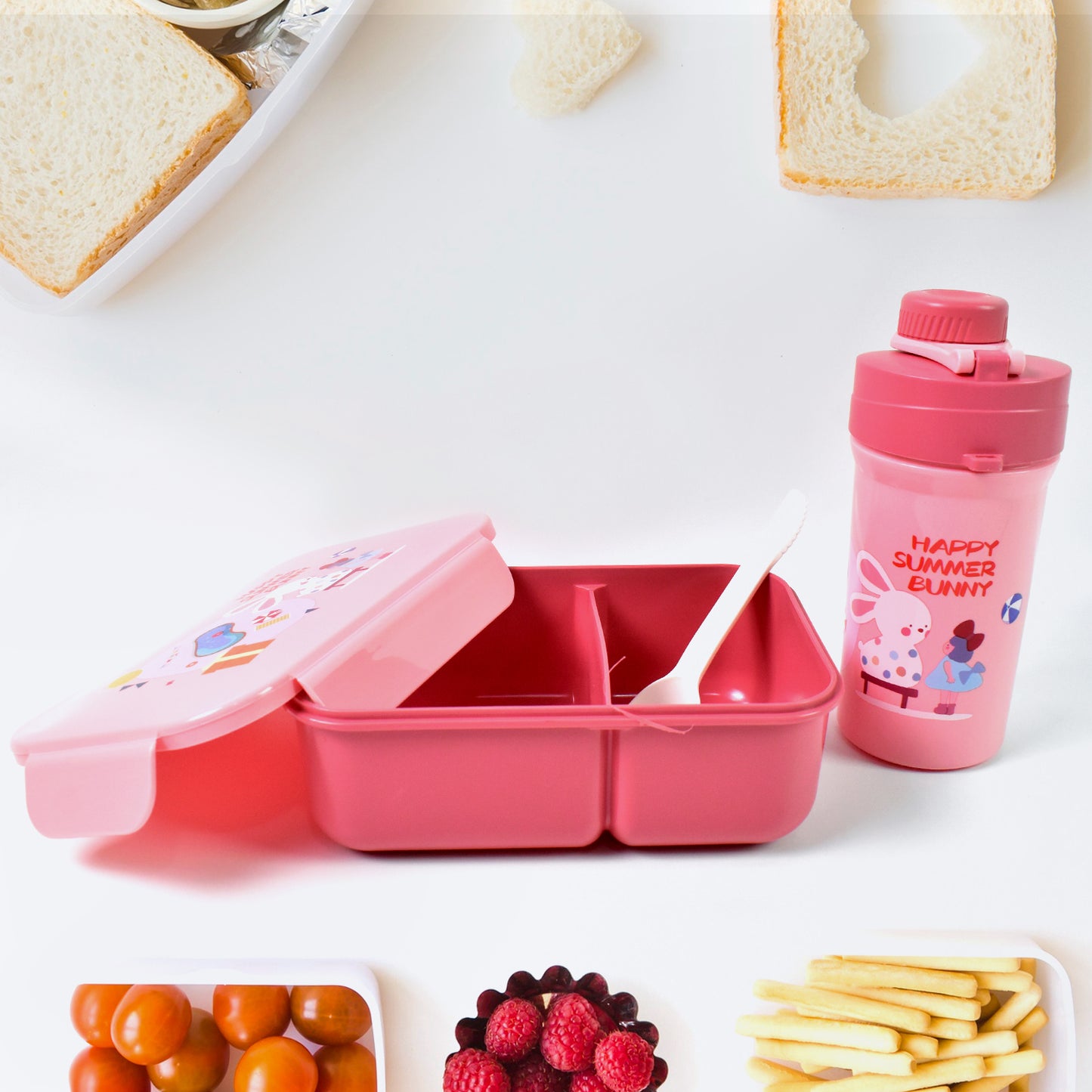 Plastic Lunch Box Leak Proof 2 Compartment With Bottle And Fork (1 Set  Mix Color) - Happy Price - Image 2