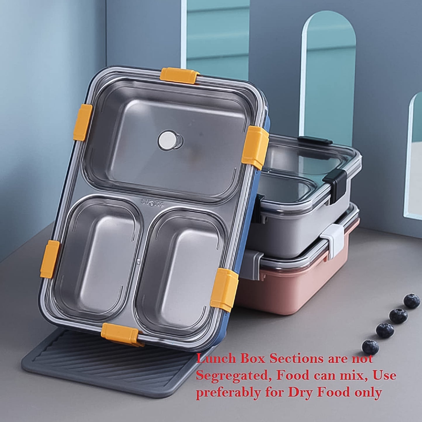 3 Compartment Transparent Stainless Steel Lunch Box With A Spoon And A Pair Of Chopsticks (1 Set) - Happy Price - Image 3