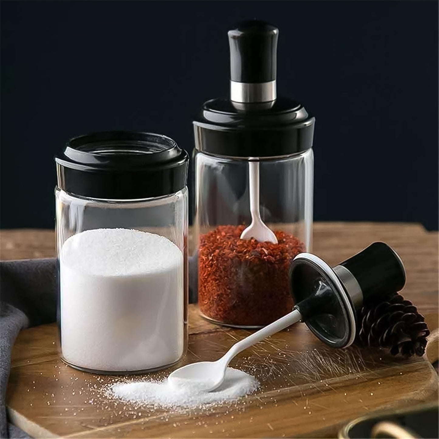 Clear Glass Spice Jar With Integrated Spoon  Airtight Lid (250ml Approx) - Happy Price - Image 5