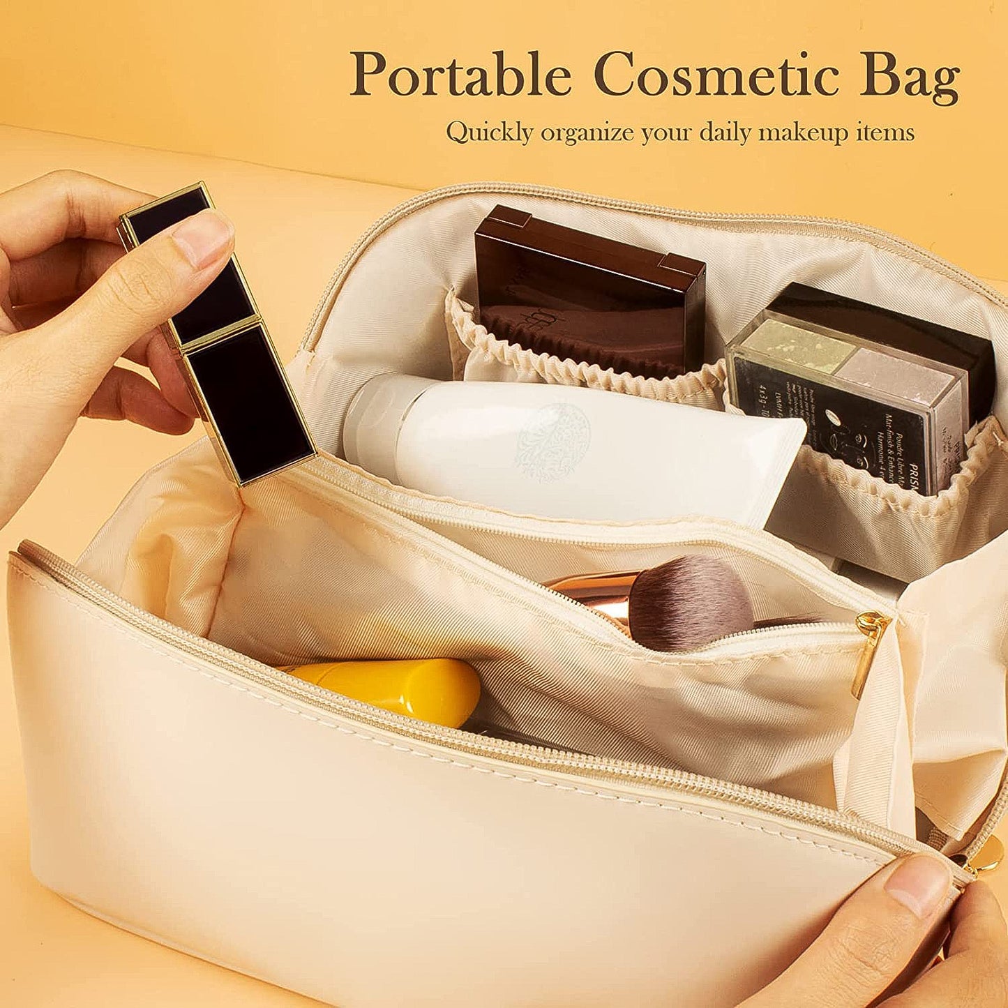 Premium Cream Travel Makeup  Toiletry Organizer Pouch With Zipper  Handle (1 Pc) - Happy Price - Image 3