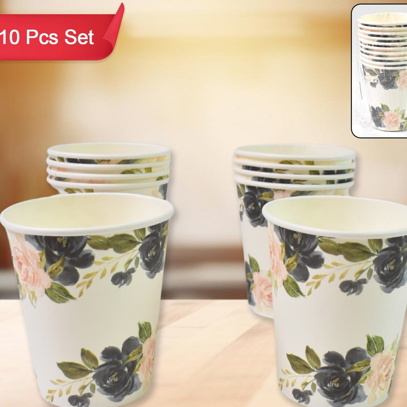 Disposable Paper Cups Disposable Tea Coffee Cups (10 Pcs Set  Mix Color  Design) - Happy Price - Image 1