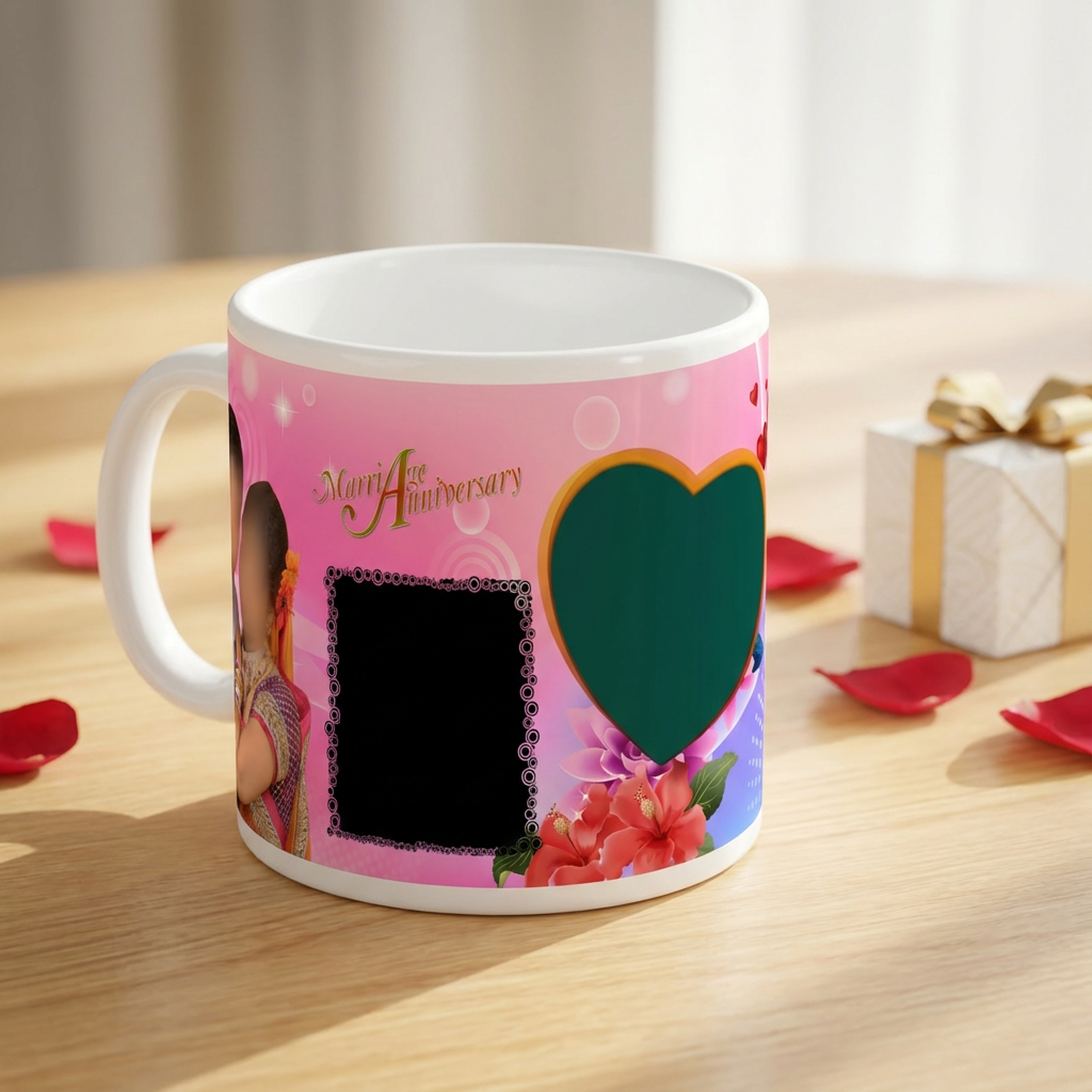Pink Floral Heart Anniversary – Custom Photo Print Ceramic Mug (11oz) - Personalized 3-Photo Collage Gift