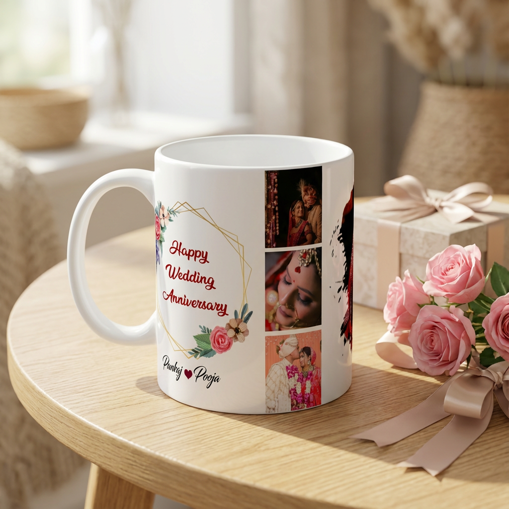 Golden Floral Romance – Custom Photo Print Ceramic Mug (11oz) - 4-Photo Collage