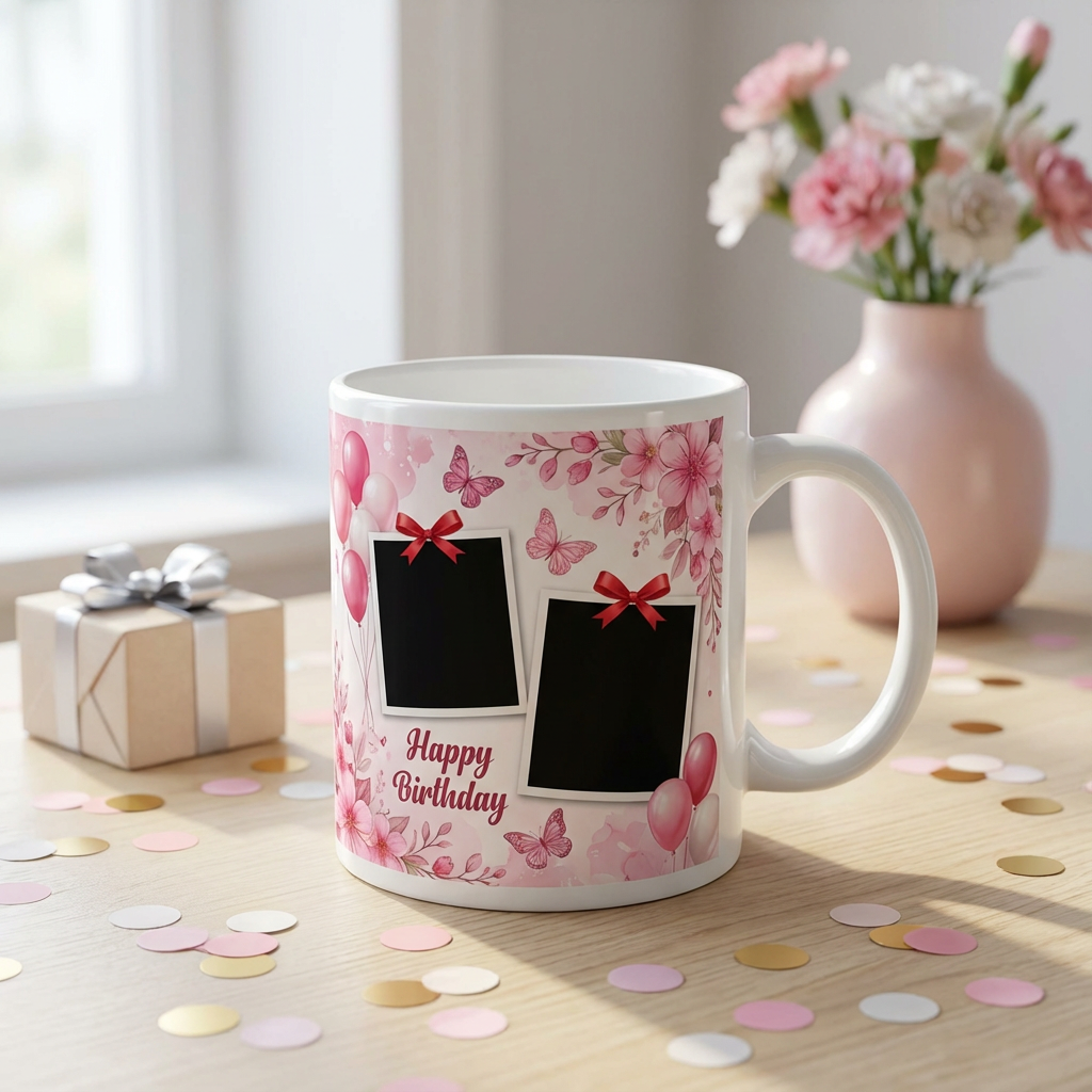 Pink Balloons & Butterfly – Custom Photo Print Ceramic Mug (11oz) - Dual Photo Personalized Gift