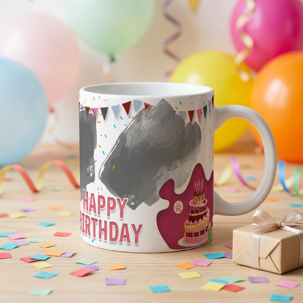 Festive Cake & Confetti – Custom Photo Print Ceramic Mug (11oz) - Personalized Gift Dual Photo Layout
