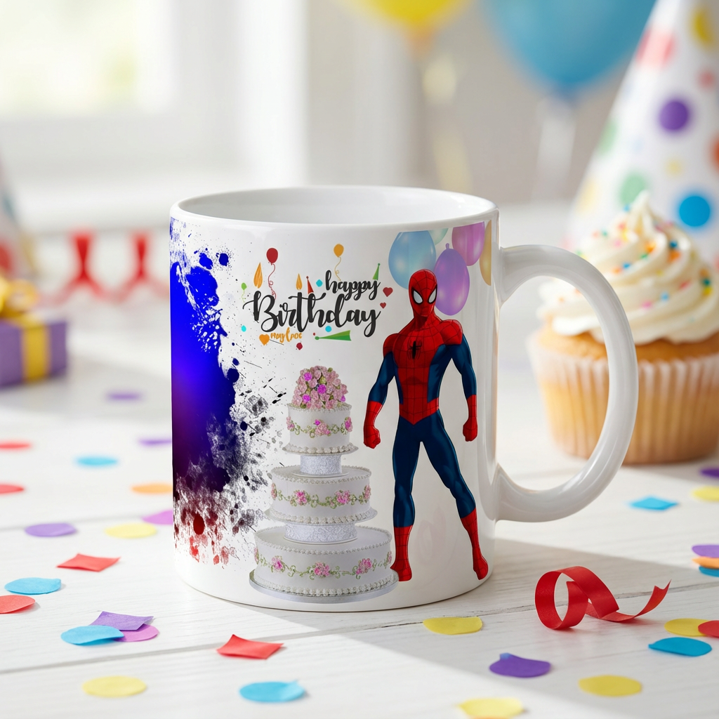 Spidey Celebration – Custom Photo Print Ceramic Mug (11oz) - Personalized Gift for Superhero Fans