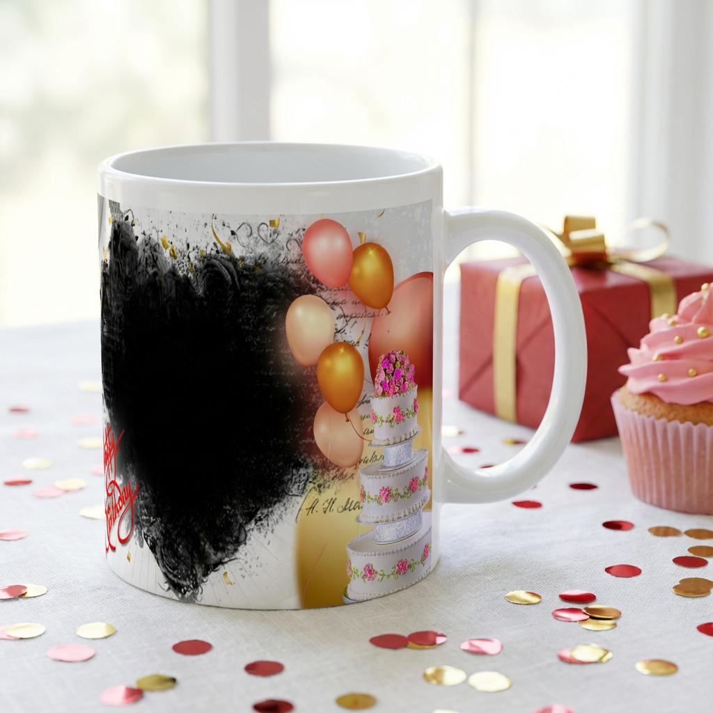 Festive Balloons & Cake – Custom Photo Print Ceramic Mug (11oz) - Personalized Birthday Gift