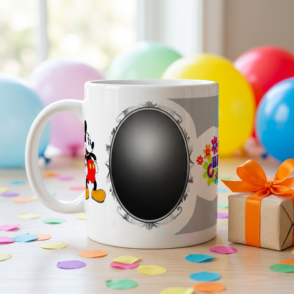 Playful Cartoon Mouse & Floral Birthday – Custom Photo Print Ceramic Mug (11oz) - Personalized Gift Frame