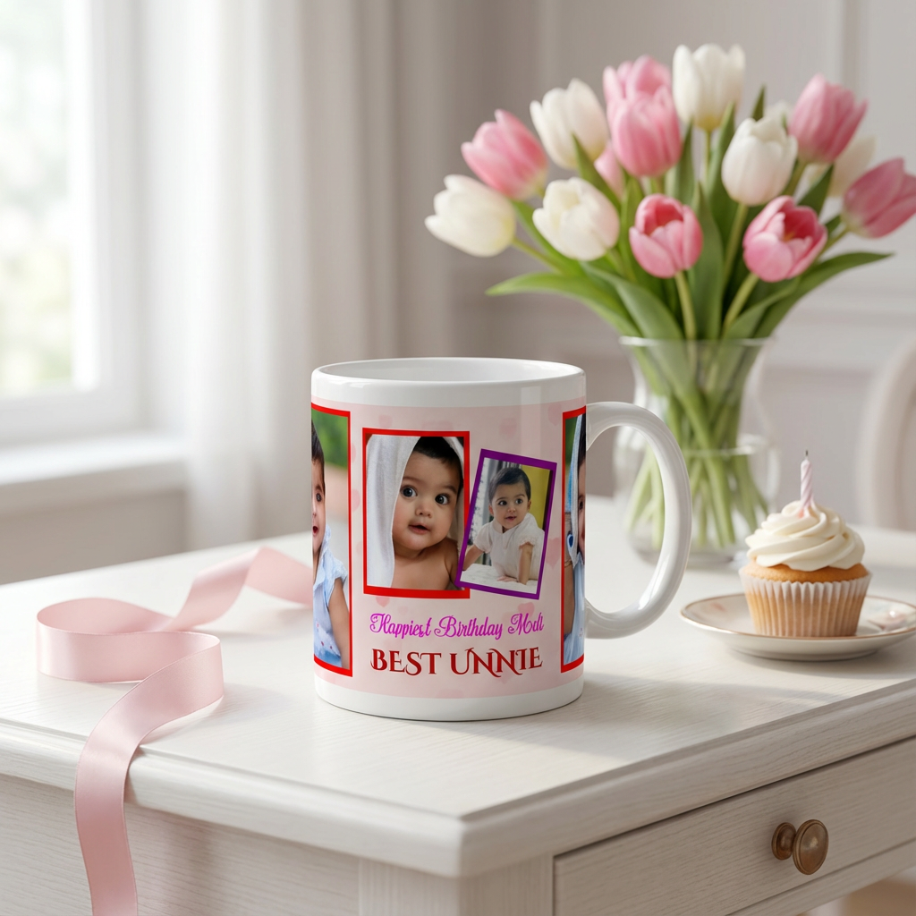 Best Unnie Pink Heart Collage – Custom Photo Print Ceramic Mug (11oz) - Personalized Gift 4 Photo Slots