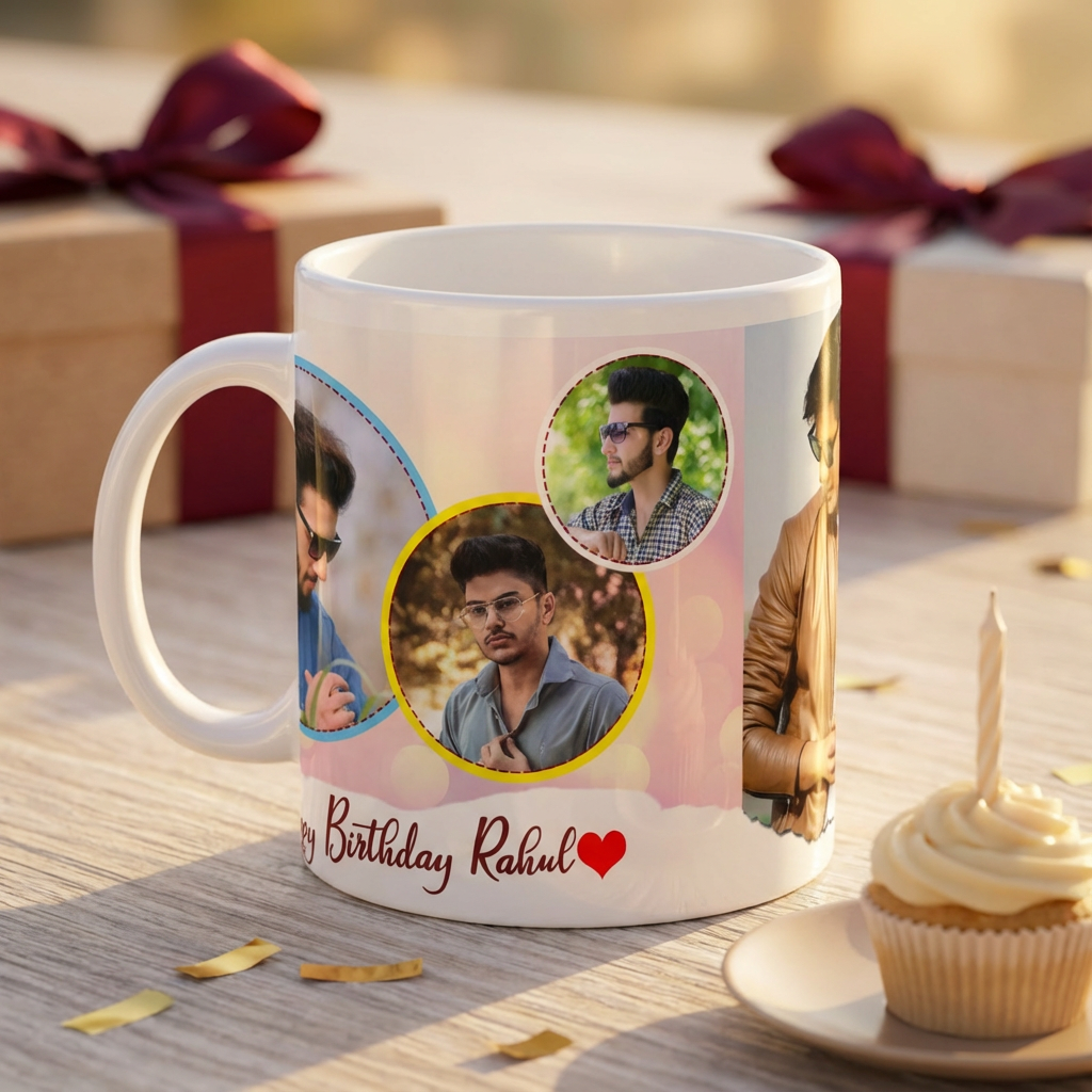 Warm Bokeh Birthday Collage – Custom Photo Print Ceramic Mug (11oz) - 4-Photo Personalized Gift