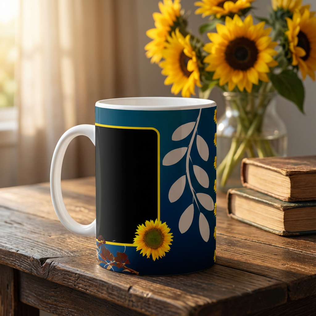 Midnight Sunflower Elegance – Custom Photo Print Ceramic Mug (11oz) - Dual Photo Layout