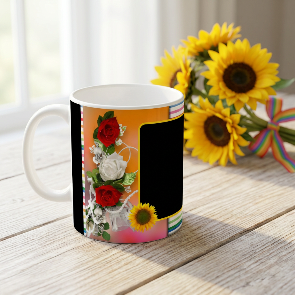Radiant Roses & Sunflowers – Custom Photo Print Ceramic Mug (11oz) - Personalized Gift with Dual Photo Slots