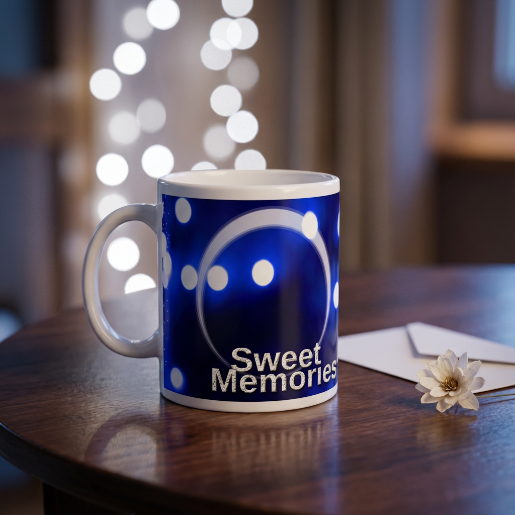 Sweet Memories Blue Bokeh – Custom Photo Print Ceramic Mug (11oz) - Personalized Gift