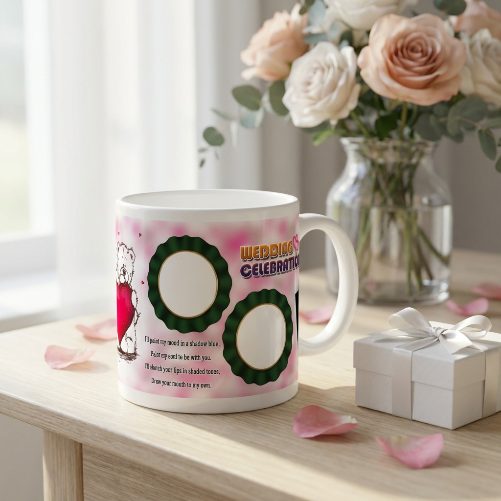 Romantic Bears & Parrot Wedding – Custom Photo Print Ceramic Mug (11oz) - Personalized Gift 3-Photo Collage