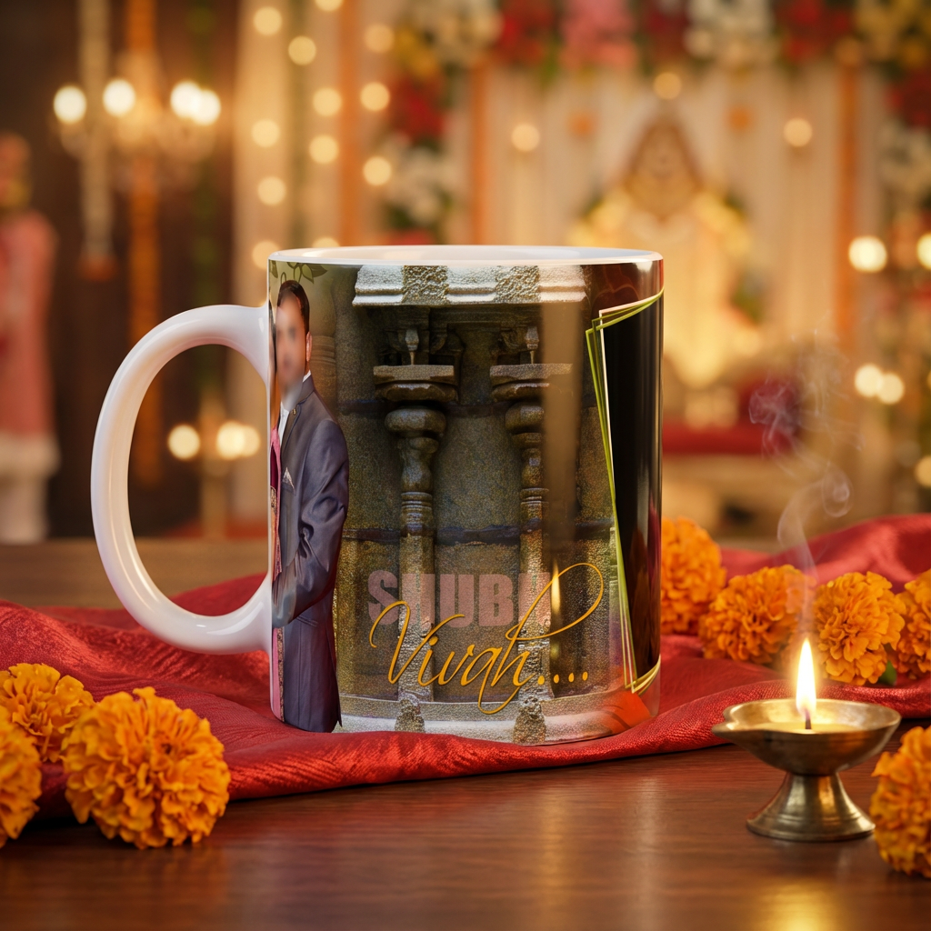 Shubh Vivah Royal Temple – Custom Photo Print Ceramic Mug (11oz) - Traditional Indian Wedding Keepsake