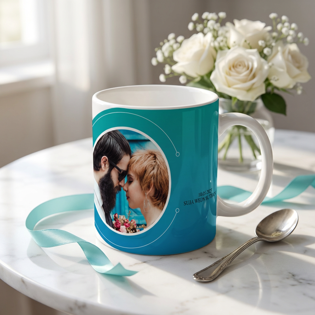Teal Gradient Union – Custom Photo Print Ceramic Mug (11oz) - Personalized Gift for Couples