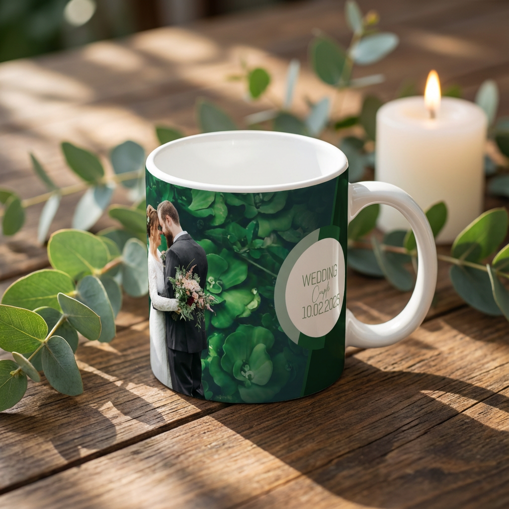 Emerald Botanical Wedding – Custom Photo Print Ceramic Mug (11oz) - Personalized Gift for Couples