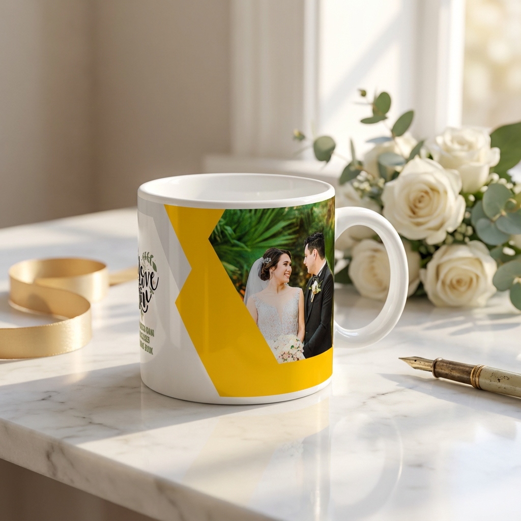 Geometric Love Wedding – Custom Photo Print Ceramic Mug (11oz) - Personalized Keepsake
