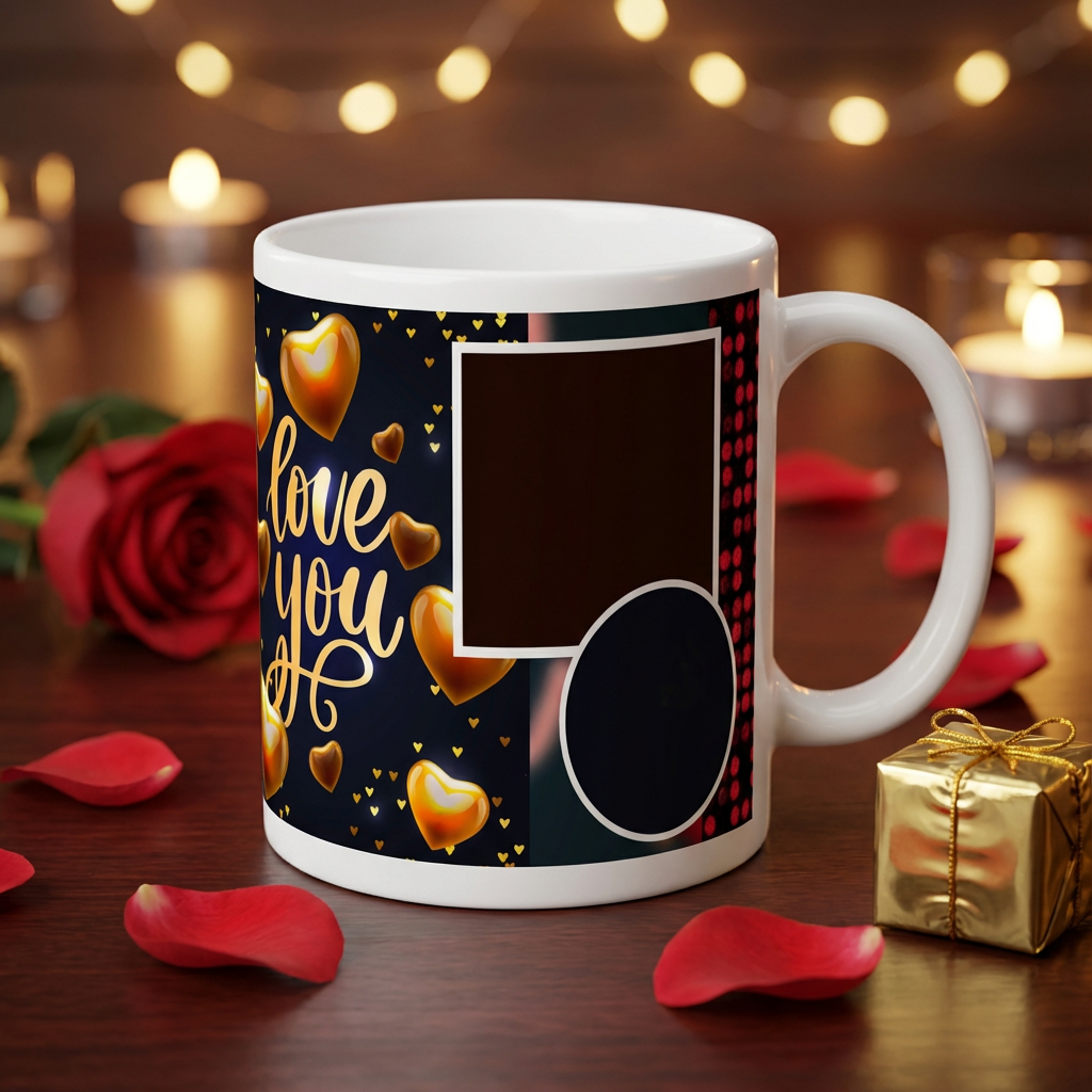 Golden Hearts Love You – Custom Photo Print Ceramic Mug (11oz) - Romantic 3-Photo Collage