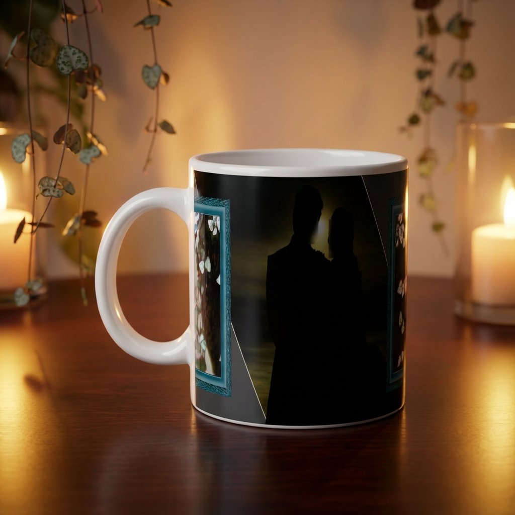 Midnight Romance Silhouette – Custom Photo Print Ceramic Mug (11oz) - Personalized Gift with Dual Picture Frames